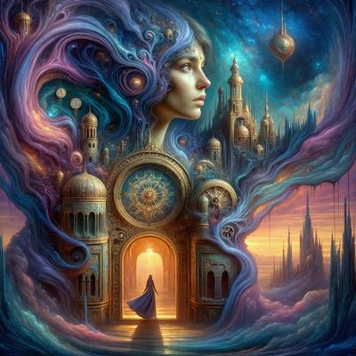 The primary subject of the image is a woman with long hair, who appears to be a character in a fantasy setting. She is standing in front of a large clock, which is a prominent feature in the scene. The setting includes a castle-like structure in the background, adding to the fantasy atmosphere. The visual style of the image is digital art, with a vibrant color palette and intricate details. The overall mood of the image is one of wonder and enchantment, as the woman seems to be a part